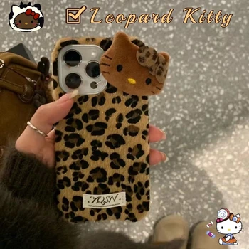 Rjavo Kožo, Leopard Hello Kitty Anime Serije Hawaii Plišastih Primeru Telefon za Iphone15 14 13 dijaški ples 12 11 Kawaii Y2K Dekleta Odlikovanja