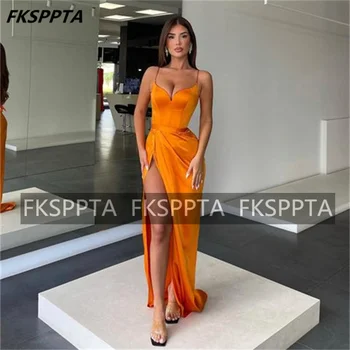 Oranžna Dolgo Večerno Obleko Visoko Režejo Ljubica Špagete Trakovi Seksi Stranki Poroka Oblek Poceni Prom Obleke Vestido De Praznik