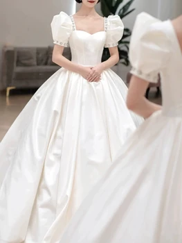 Elegantno Realno Sliko Princess Poroka Obleke 2024 Kvadratnih Kristalno Kratek Rokav Saten Vrt Nevesta Poročne Obleke Vestido De Noiva