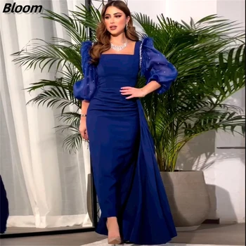Bloom Kvadratnih Vratu Šifon Obleke, Ženske 2024 Dolge Rokave Lok Elegantno Modro Večerne Obleke Poroka Stranka Obleke vestidos de gala