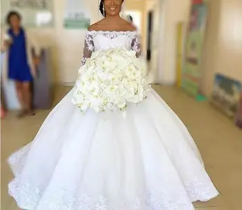 Afriške Poročne Obleke Žogo Obleke Off ramo z Dolgimi Rokavi Poročni Sprejem obleke Poročne Oblek