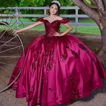 Vino Rdeče Saten Quinceanera Obleko 2024 Sparkly Bleščica Cvetlični Vestidos De 15 Años Žogo Obleke Ljubica Krasijo Stranka Obleke
