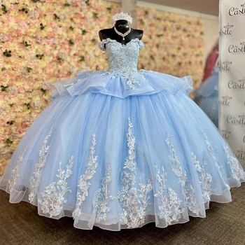 ANGELSBRIDEP Bleščice Modro Nebo Quinceanera Obleke Appliqued Čipke Beading Sweet 16 Princesa Rojstni Halje Vestidos Años De