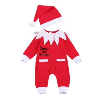 Prilagojene Prvi Božič Obleko Božič Božiček Obleko, po Meri Ime Fantje Prvi Božič Baby Romper Bodysuit z Božično Kapo