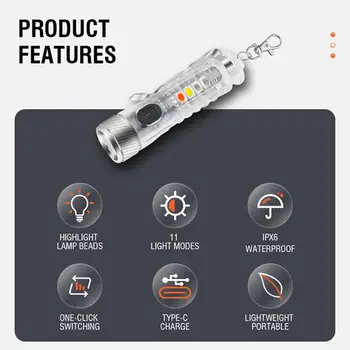 1 Nastavite Trajen Več Razsvetljavo Načini Široko Obsevanje Kota LED Mini Keychain Svetilka Pozornosti Kampiranje za Pohodništvo