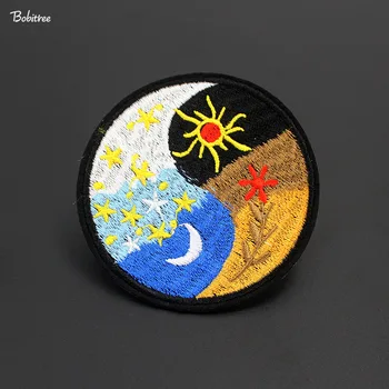 Povzetek Taiji Sonce in Luna Krpo Obliži Krožne Značko Vezenje Železa na Obliž Oblačilo Aplicirano Mozaik