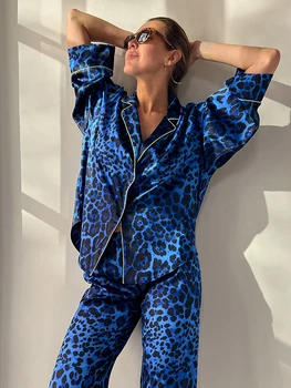 Hiloc Leopard Tiskanja Saten Sleepwear Ženske Določa Enotni-Zapenjanje Žensk Domov Oblačila Modni 2023 Tri Četrtine Rokav Pajama Set