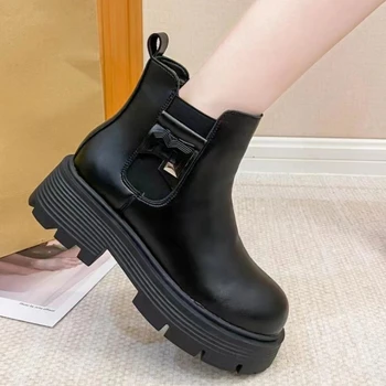 Platforma Čevlji za Ženske 2023 Jeseni Mode Močen Pete Žensk Chelsea Škornji Mehkega Usnja Dame Gleženj Škornji Botas De Mujer