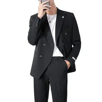 Moške Obleke & Blazerji 2023(Suknjič +Hlače) Črna korejskem Slogu Slim-fit Dvojno zapenjanje Priložnostne Ohlapno Obleko Barva