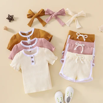 3Pcs Baby Dekleta Romper Oblačila, ki Moda Barva Kratkimi Rokavi, Rebraste T-Shirt+Srčkan Elastične Hlače+Glavo Obleke