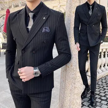 2022 Nov Prihod Moških Striped Moda Slim Fit Obleko Dveh Kosov Set Moški Dvojno Zapenjanje Formalnih Poslovnih Jopič Oblačila H276