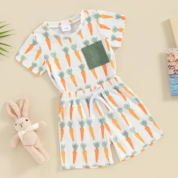 Baby Boy Velikonočni Obleko Malčka Hlače Rokavi T Shirt Hlače 2 Kos Komplet Za Malčke Poletje Korenček Tiskanja Oblačila