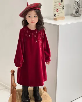 baby girl obleke otroci obleko Ročno kavljem cvet star vzorec rdeče žametno obleko z dolgimi rokavi