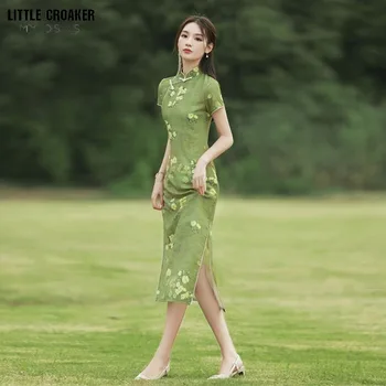 Vintage Cheongsam Žensk Pomlad in Jesen Natisnjeni Obleko Chinoiserie Slog Mladih Slog Izboljšano Elegantno Staro Shanghai Dolgo Slog