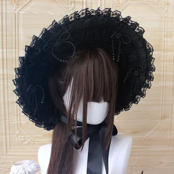 Temno Črno Dekle Gothic Bonnet Klobuk Letnik Viktorijanski Cosplay Lolita Čudovite Čipke Klobuk Pokrivala
