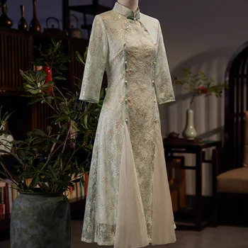 FZSLCYIYI Elegantno Kitajski Vezenje Šifon Qipao Ženske Retro Čipke Aodai Cheongsam Obleke