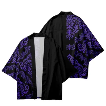 Japonski Poletje Black Print Jopico Ženske Moški Yukata Oblačila Harajuku Kimono + Hlače Določa Obleko, dvodelno,
