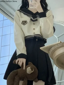 Mornar Srčkan Šoli Naguban Rokav Dekle Ženske Cosplay Set Mini Vrh Enotne Jeseni Kawaii Japonska Koreja In Dolgo