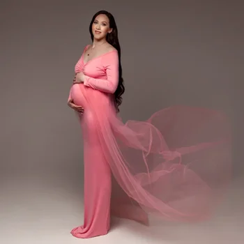 Porodniški Til Maxi Obleke Baby Tuš Bombaž Zadnjo Obleko Stretchy Noseča Ženska Roza Elegantno Obleko Fotografija