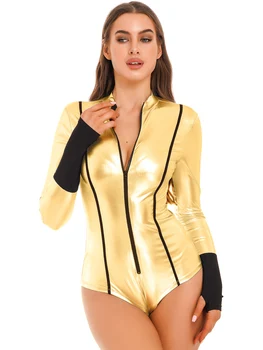 Ženska Halloween Astronavt Vlogo Igrajo Kostum Kovinsko Svetleče Prostor Enotno Dolg Rokav Leotard Catsuit Stranka, Cosplay Clubwear
