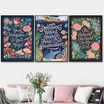Svojo Edinstvenost je Vaš Čarobni Cvetlični Platno Slikarstvo Nordijska Botanični Besedilo Ponudbe Plakat Sodobno Sliko Dekle Spalnica Doma Dekor