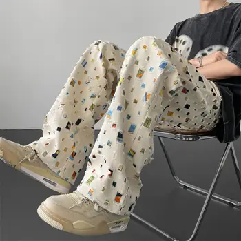 Votlo design cvetlični hlače moški Ameriški retro trendy pisane kariran ponaredek luknjo naravnost hlače čipke moške hlače y2k oblačila vrhovi