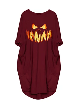 Ženske s Halloween Sleepwear Obleka Ohlapno okoli Vratu Dolg Rokav Grimace PrintSide Žep Spanja Obleko Nightshirt