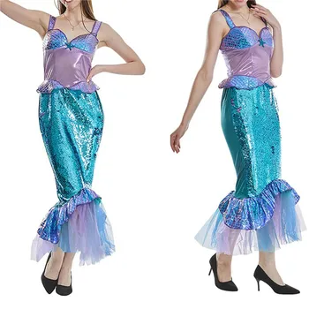 Ženske morska deklica Rep Kostum Halloween Dolgo Funcy Obleko Bleščica Povodcem Vratu Fishtail Robom Obleko Cosplay Fancy Stranka Obleko Poletje