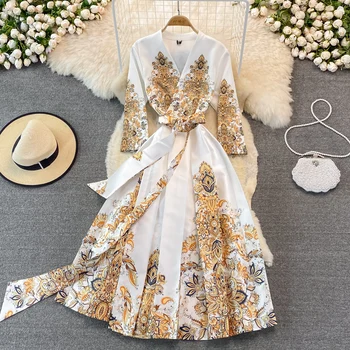 Pomlad Visoke Kakovosti ženska Oblačila Eleganten V-izrez Luksuzno Obleko Letnik Tiskanje Oblikovalec Čipke Dolge Obleke Stranka Vestidos