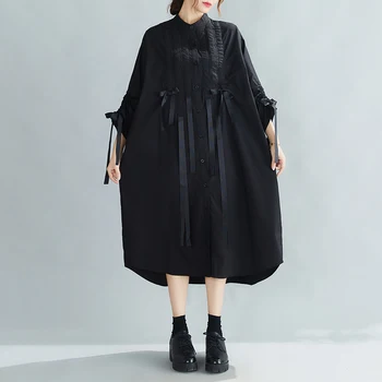 Japonski Slog Temno Črno Dolg Rokav Mozaik Lok Povoj Elegantna Pomlad Ohlapno Obleko Modne Ženske Priložnostne Jeseni Bluzo Obleko
