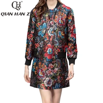 QHZ Oblikovalec Vintage Moda Plašč 2-delni Set ženska Jacquardske Tank Obleko+Cvet zadrgo beading Luksuzni suknjič Set