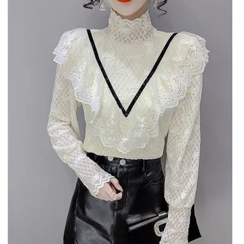Moda Gaza Čipke Pismo Ruffles Bluze Ženska Oblačila 2023 Jeseni, Pozimi Novo Ohlapno Elegantno Puloverji Urad Dama Majice