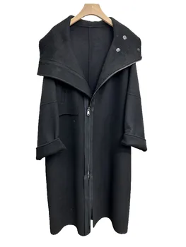 Tweed hooded suknjič dolgo ohlapno fit barva dvojno odpreti zadrgo design toplo in udobno 2023 pozimi novo 1117