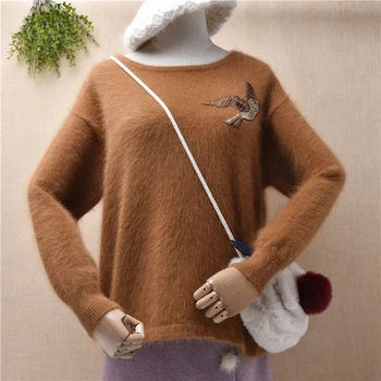 ženske ženske modni ptica vezenje angora zajcev dlake, pletene dolge rokave ohlapen pulover mink krzno skakalec pulover potegnite vrhovi