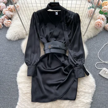 Francoski Črna Mini Obleka za Ženske Nova Moda V Vratu Dolg Rokav Slim Zavit Hip Saten Oblačila Vestidos Verano De Mujer L635