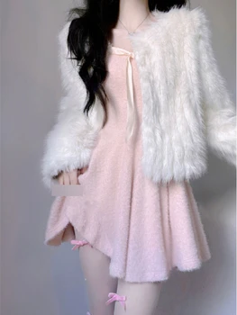 Kawaii Sladko Roza Obleka Ženske Jeseni Leta 2023 Long Sleeve Vintage Eleganten Stranka Mini Obleka Pletene Korejskem Slogu Elegantna Vila Obleko Nova