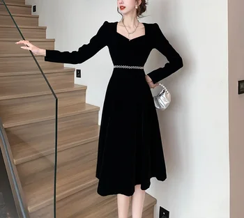 2023 novo črno žametno dolgo oplaščeni obleko za ženske jeseni in pozimi haute couture obleko, dolgo krilo, srednje dolgo krilo