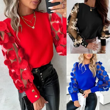 Moda za Ženske Bluzo Jesen Pomlad Nove Priložnostne Preprosta O-Vratu Rdeče Čipke Cvetlični Odklon MeshPatchwork Top Majice Za Ženske Puloverju