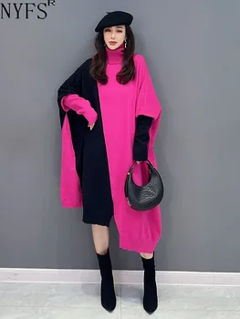 NYFS 2023 Pozimi Novi korejski Pletenje Ženska Obleke Vestidos Haljo Elbise Svoboden Plus Velikost Turtleneck Mozaik Pulover Obleko