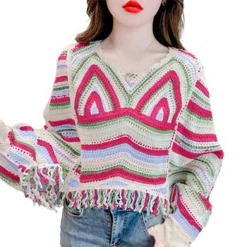 Moda pisane bat wing rokavi ženske pulover, je odlična izbira za prosti čas, potovanja, hit barve votlih tassel sleeve jopica