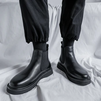 Moška Classic Black Kvadratni Toe Usnje Chelsea Škornji Moški Modni Gleženj Boot Mens Priložnostne Britanski Stil Kratek Zagonski Visoko-Top Copati