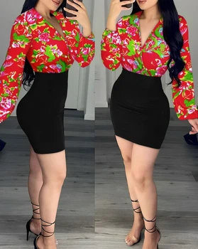 Ženska Obleke 2024 Pomlad Moda Cvjetnim Tiskanja Colorblock Luč Rokav Elegantno Zavoj Navzdol Ovratnik, Dolgi Rokavi Suh Mini Obleka
