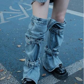 Harajuku Ženske Leg Ogrevalnike Nogavice Punk Rock Denim Nastavljiv Knee Visoke Nogavice Japonski Modni Ulične Noge Kritje Legwarmers