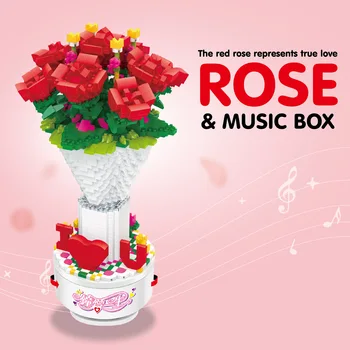 Ustvarjalne Stavbe Opeka Cvet Mikro Diamond Blok Romantično Rose Music Box Nanobrick Igrača Zbirka Za Ljubimec Valentines Darilo
