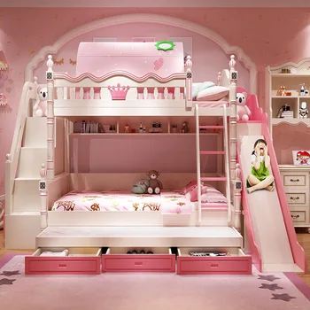 Otroško pohištvo dekle, princesa posteljo z diapozitiva posteljo zgornji in spodnji postelja pograd kombinacija postelja visoka in nizka postelja