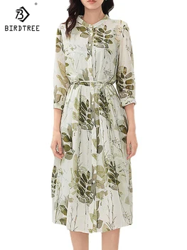 Birdtree 100% Realno Svile Listov Tiskanje Stranka Obleko 2024 Pomlad Poletje Pasu Zavit francoski Elegantno Delo Obleko Za Ženske D3D631QC