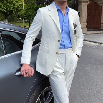 Nov Poletni Seersucker Bo Ustrezala Moških Italijanski Slog Britanski Slim Fit Priložnostne Beli Obleki, Trendovska Človek Kajenje Homme Mariage Moških Jopičem Obleko