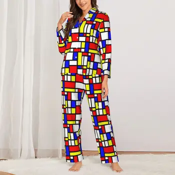 Geomatric Mozaik Tiskanja Pižamo Ženske Barvo Kawaii Dnevno Sleepwear Jeseni 2 Kosa Priložnostne Prevelik Design Pižamo Set