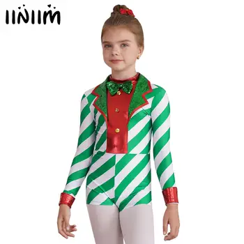 Otroci Dekleta Božič Santa Božič Cosplay Kostum Proge Tiskanja Dolgimi Rokavi Jumpsuit Sijoče Sequins Unitard Dancewear Bodysuit