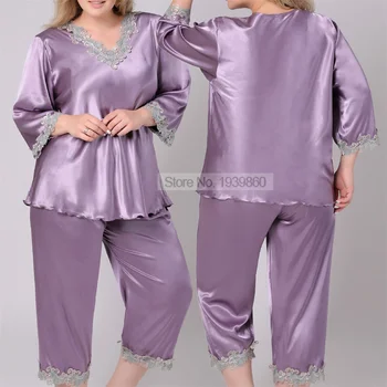 Pour Femme More Saten Čipke Trim Sleepwear Velike Velikosti 3XL-6XL Pižamo Nightgown Dveh Kosov Majica&Hlače Obleko Poletje Pižame